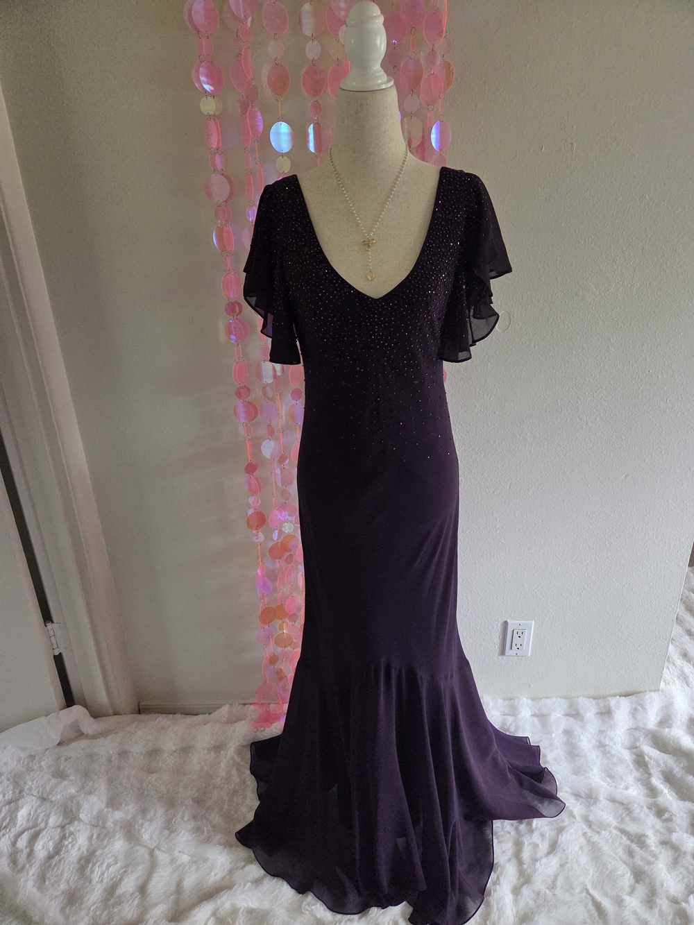 Vintage Alex Evenings Deep Purple V-Neck Beaded Maxi Gown with Flutter Sleeves
